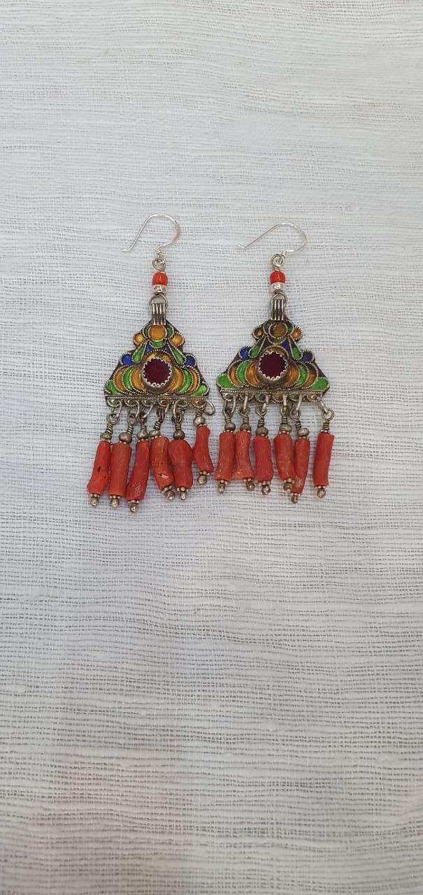 Boucles D'Oreilles Argent Émail Et Corail